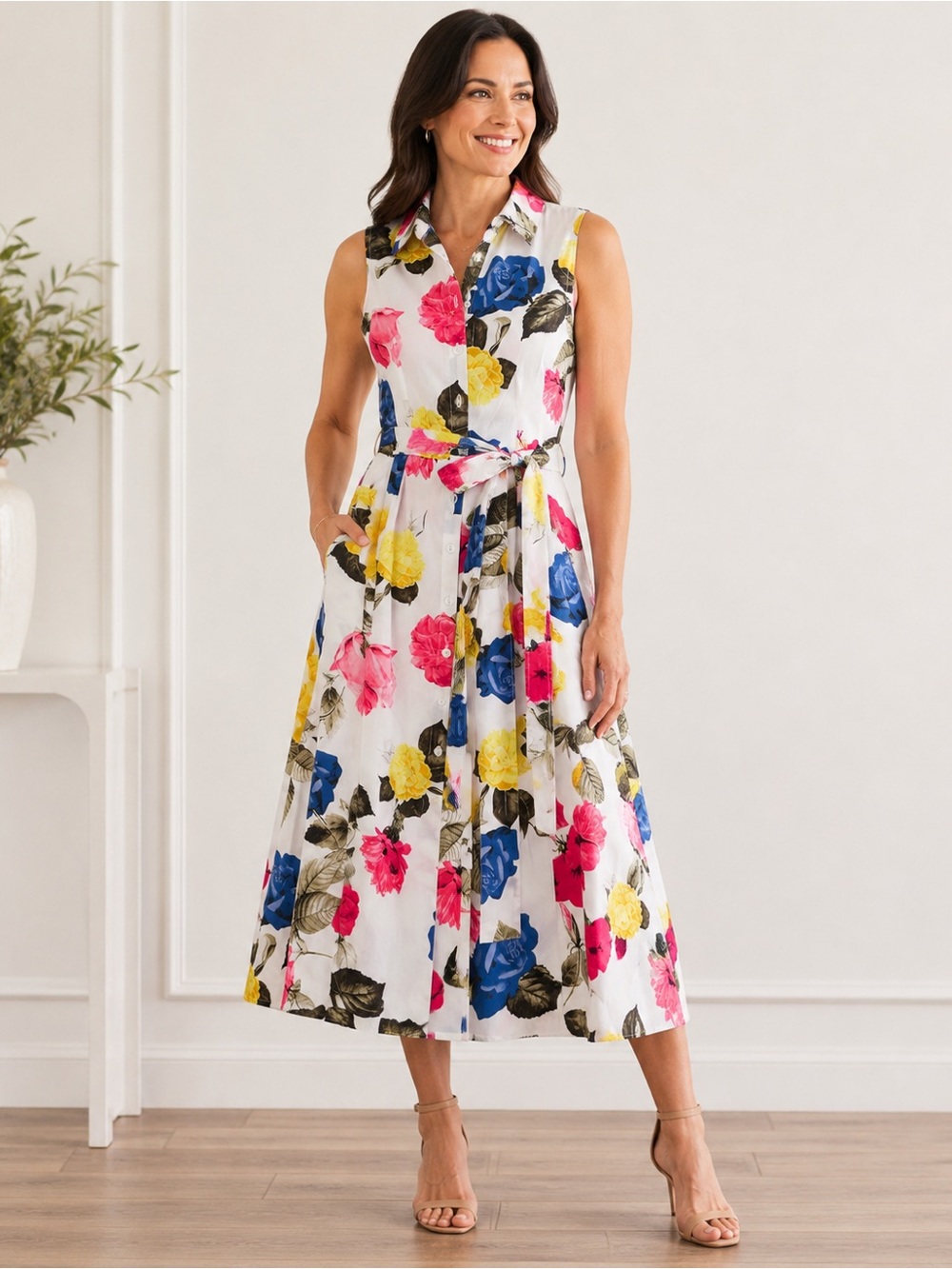 Calvin Klein Floral Button-Front Midi Shirt Dress Size 6 NWT
